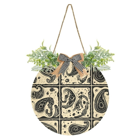 Old Woodcut Style Front Door Porch Decoration Hanging Sign with Artificial Green Plants and Bow for Home Outdoor Indoor
