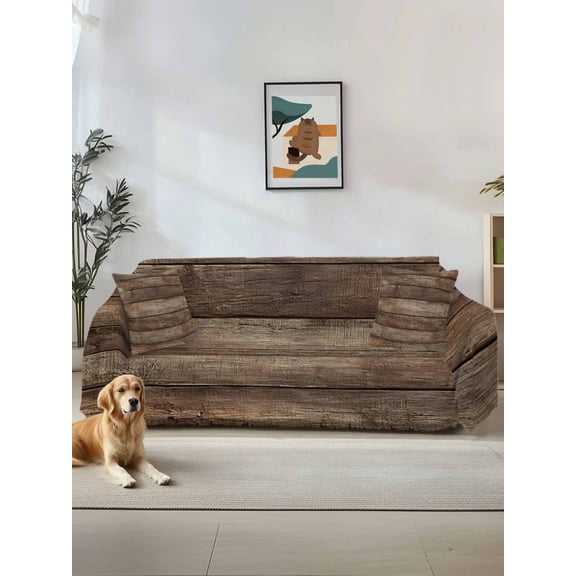 Old Wooden Board Couch Cover, Rustic Farmhouse Brown Wooden Plank Sofa Cover Blanket for 2 Seat Cushion, Sectional Sofa Slipcover Furniture Protector for Living Room Bedroom 71''x102''