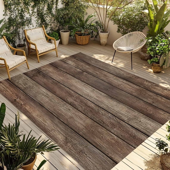 Old Wooden Board Outdoor Rug 4x6 Ft - Reversible Patio Rug Outdoor Camping Rugs, Rustic Farmhouse Brown Wooden Plank Washable Indoor Outdoor Area Rugs, Non-Slip Outdoor Carpet Runner for Deck/Porch