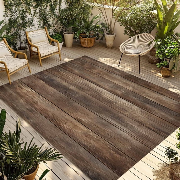 Old Wooden Board Outdoor Rug for Patio/Deck/Porch, Non-Slip Large Area Rug 5 x 7 Ft, Country Farmhouse Wooden Planks Brown Indoor Outdoor Rugs Washable Area Rugs, Reversible Camping Rug Carpet Runner