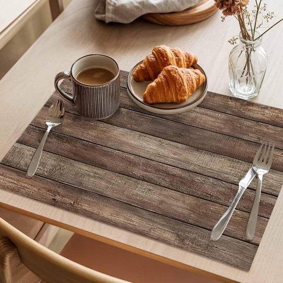 Old Wooden Board Placemats Set of 2 Rustic Farmhouse Brown Wooden Plank Place Mats Indoor Wipeable Table Mats Washable Cloth Dining Table Placemats for Kitchen Holiday Party Home Decor 12x18 Inch
