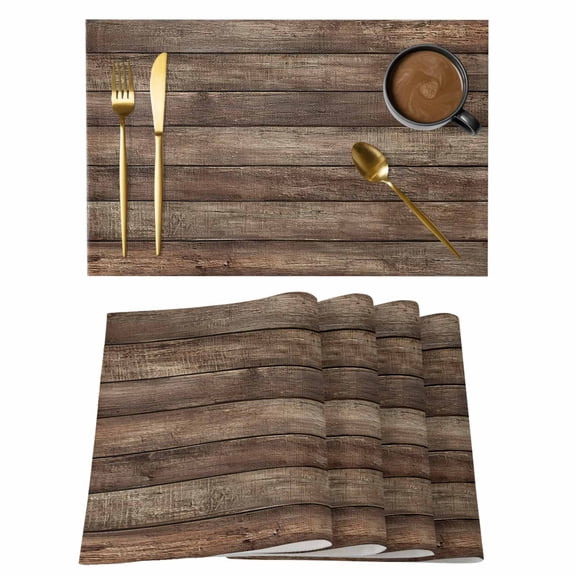 Old Wooden Board Placemats Set of 4, Rustic Farmhouse Brown Wooden Plank Placemats for Dining Table, Place Mats for Kitchen Tabletop, Waterproof Wipeable Dining Table Mats Set