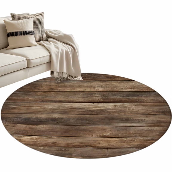 Old Wooden Board Round Area Rugs Collection 4', Country Farmhouse Wooden Planks Brown Non Slip Indoor Circular Throw Runner Rug Floor Mat Carpet for Living Room Dining Table Bedroom Nursery