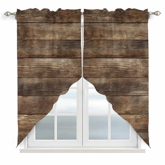 Old Wooden Board Swag Valances for Windows 2 Pack, Kitchen Window Curtains 36 Inch Length, Country Farmhouse Wooden Planks Brown Privacy Swag Curtains for Living Room/Bathroom with Rod Pocket 36"x36"