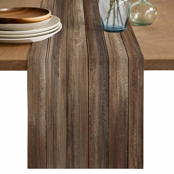 Old Wooden Board Table Runner, Country Farmhouse Wooden Planks Brown Washable Cotton Linen Table Runners 36 Inches Long, Dresser Scarf Runner for Nightstand/End Tables/Round Tables 13''x36''