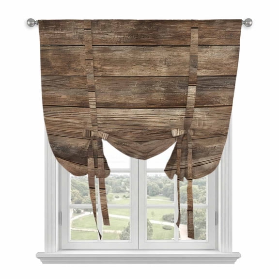 Old Wooden Board Tie Up Curtains for Window, Thermal Insulated Balloon Shade Adjustable Rod Pocket Curtains Valance Panels for Kitchen Bathroom Cafe 46 x 63 Country Farmhouse Wooden Planks Brown