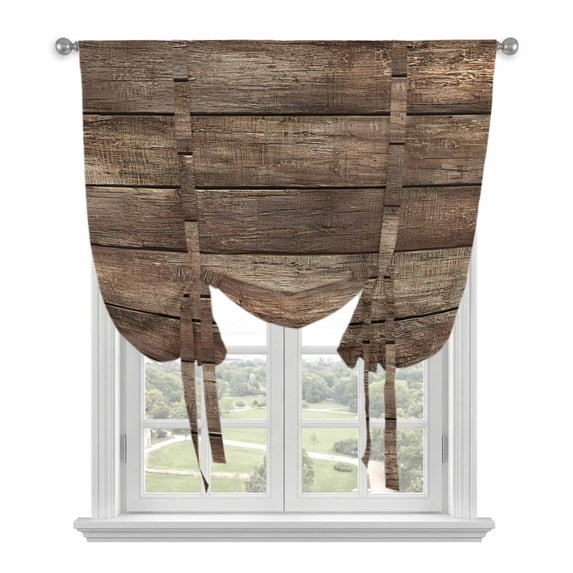 Old Wooden Board Tie Up Curtains for Windows, Adjustable Balloon Window Shades, Rustic Farmhouse Brown Wooden Plank Kitchen Window Treatments Farmhouse Short Curtains with Rod Pocket 42"x45"