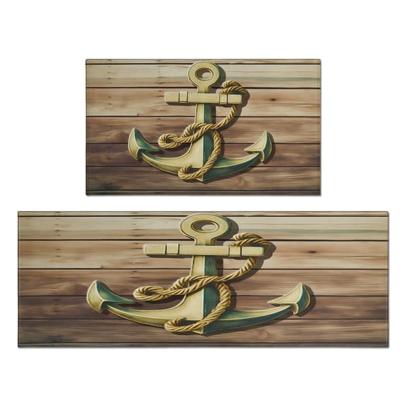 Old Wooden Nautical Anchor on the Deck Kitchen Rugs 2PCS Cushioned and Non-Skid Washable Floor Backing Mat for Home Kitchen Decor or Office 17x29+17x47 Inch