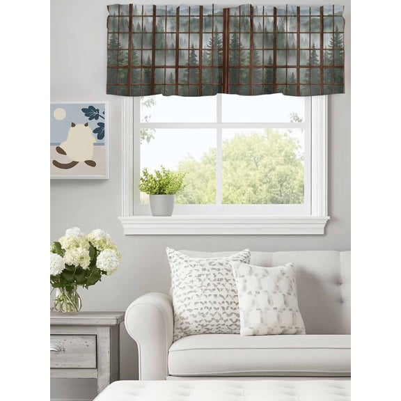 Old Wooden Stained Windows Valances for Windows,Kitchen Valance Rod Pocket Short Curtain, Needle Forest Mountains Valance Curtain Window Valances for Bedroom Bathroom Living Room 60x18in