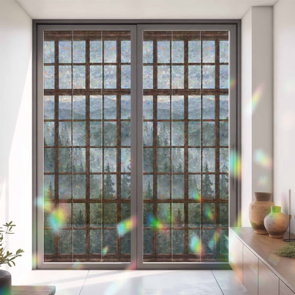 Old Wooden Stained Windows Window Privacy Film,Decorative Windows Static Cling Needle Forest Mountains Heat Control Removable Glass Sticker for Home Bathroom Bedroom Window Door,35x79in