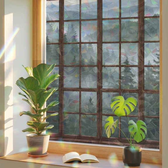 Old Wooden Stained Windows Window Privacy Film, Rainbow Film Decorative Window Sticker 17.7x39.3in, Needle Forest Mountains Sun Blocking Static Stained Glass Cling Tint Non-Adhesive