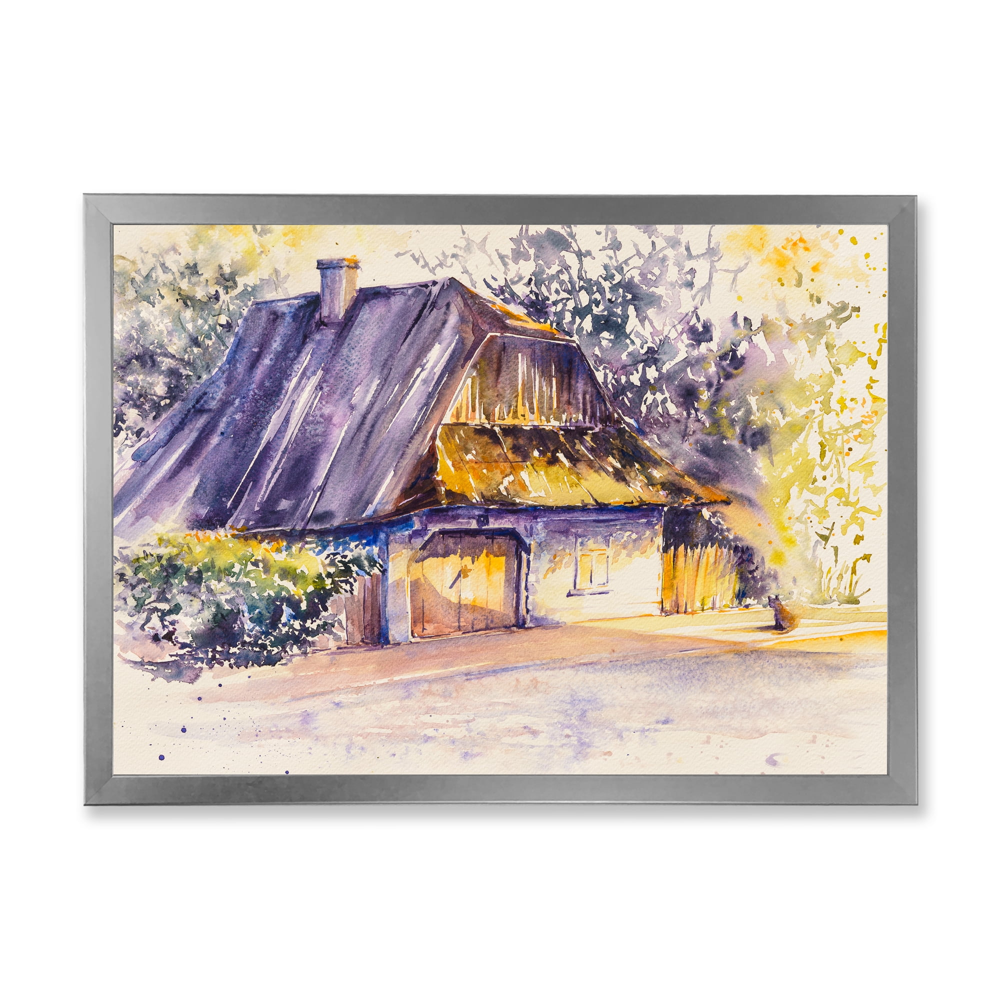 Old Wooden White House In Country Side Village During Afternoon Glow 32 in x 16 in Framed Painting Canvas Art Print, by Designart