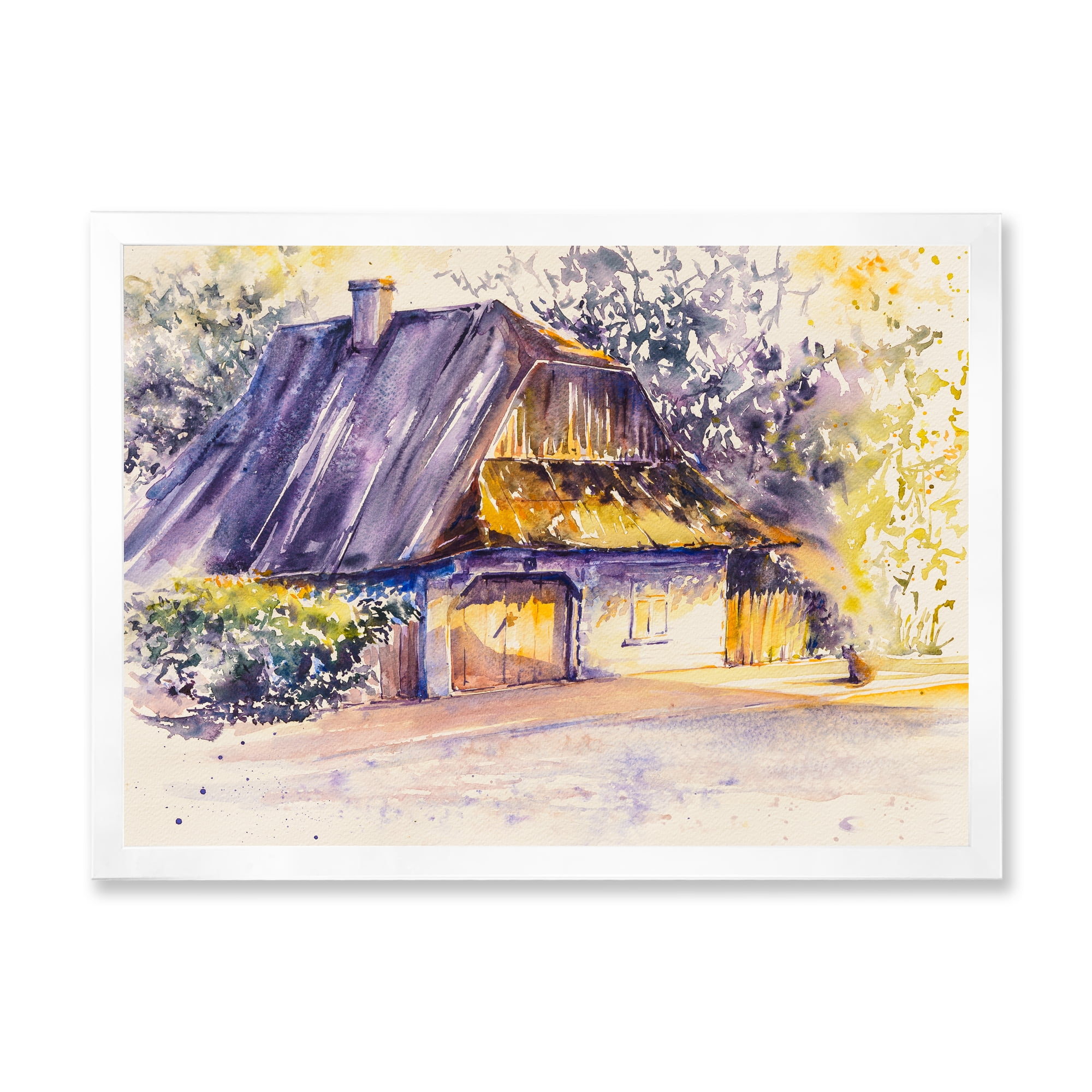 Old Wooden White House In Country Side Village During Afternoon Glow 32 in x 16 in Framed Painting Canvas Art Print, by Designart