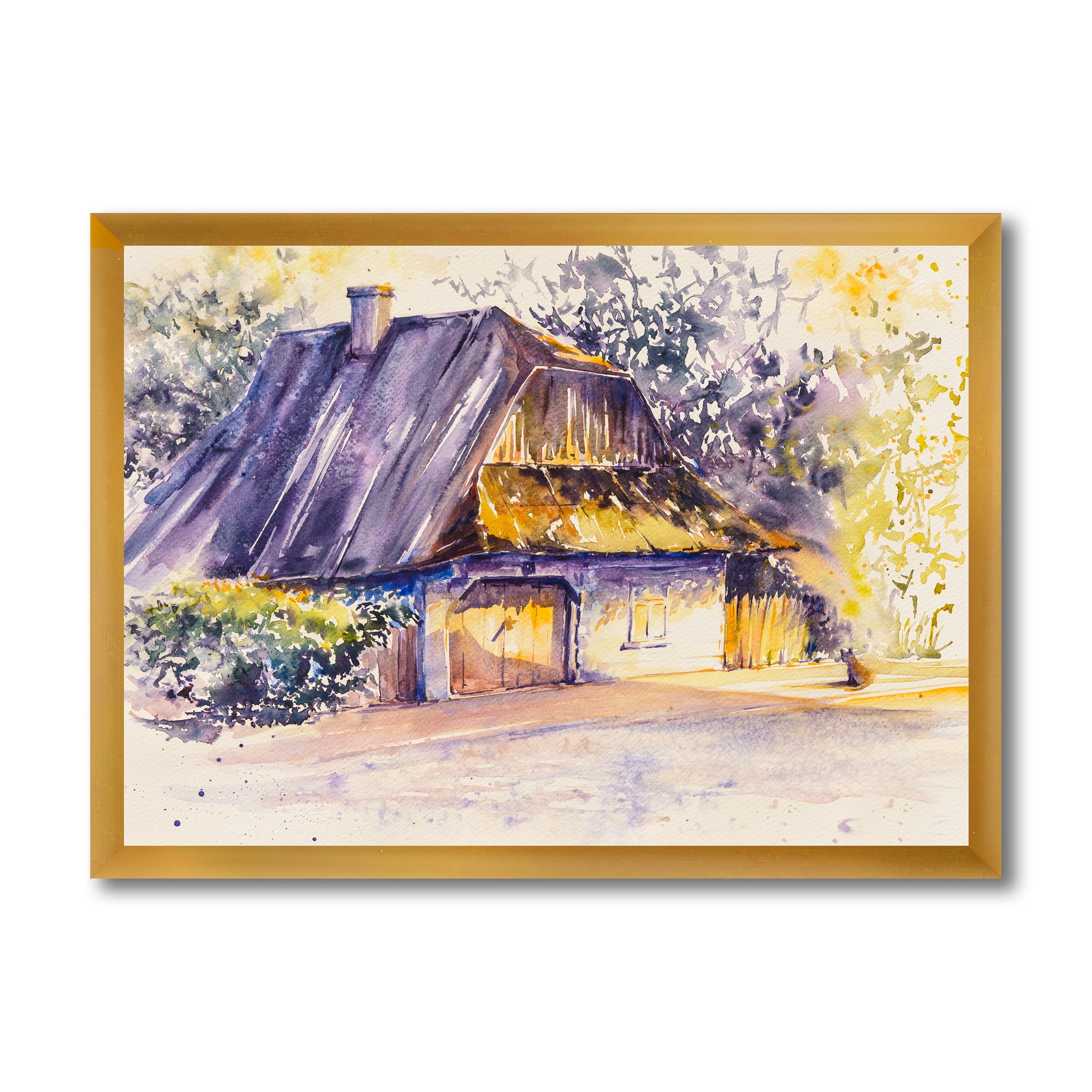 Old Wooden White House In Country Side Village During Afternoon Glow 32 in x 16 in Framed Painting Canvas Art Print, by Designart