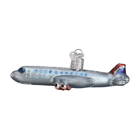Old World Christmas 46065, Trains, Helicopters, Boats and Trucks Glass Blown Ornaments for Christmas Tree Passenger Plane, Glitter Gray
