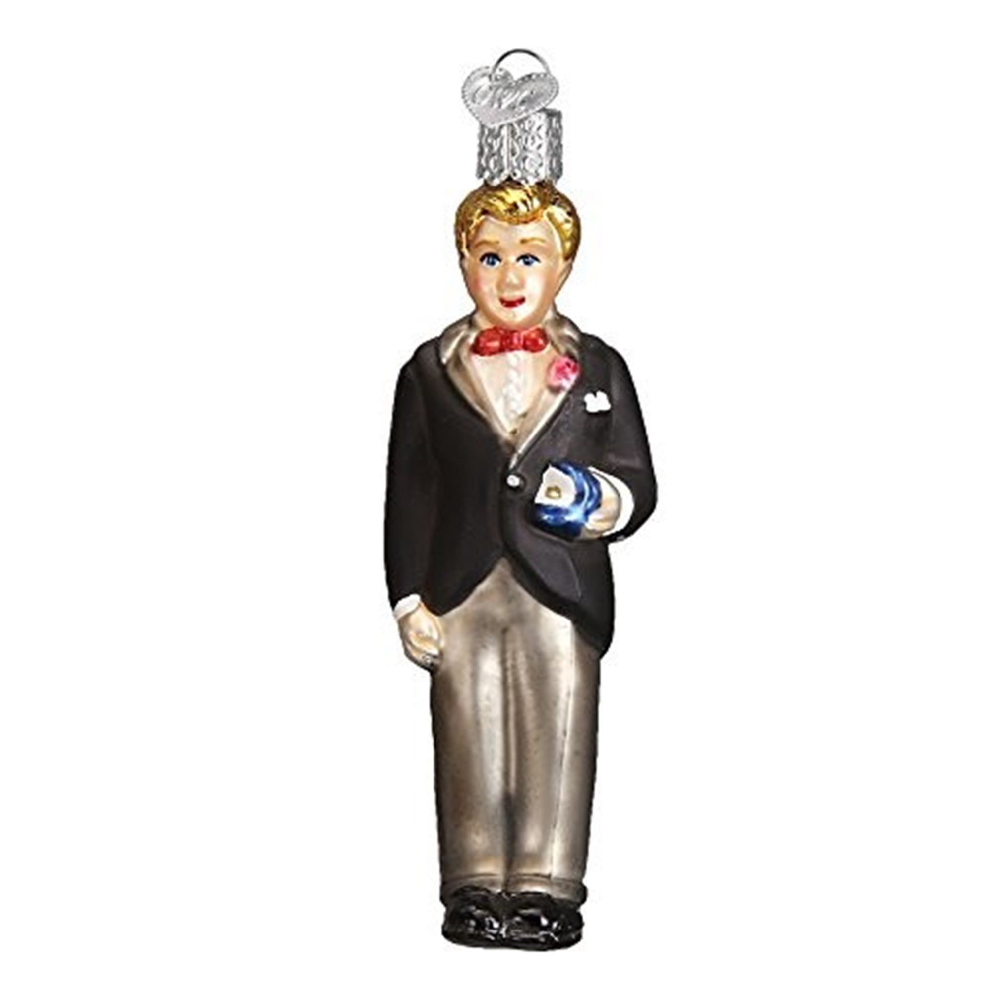 Hand-Painted Glass Groom Ornament with Red Bow Tie