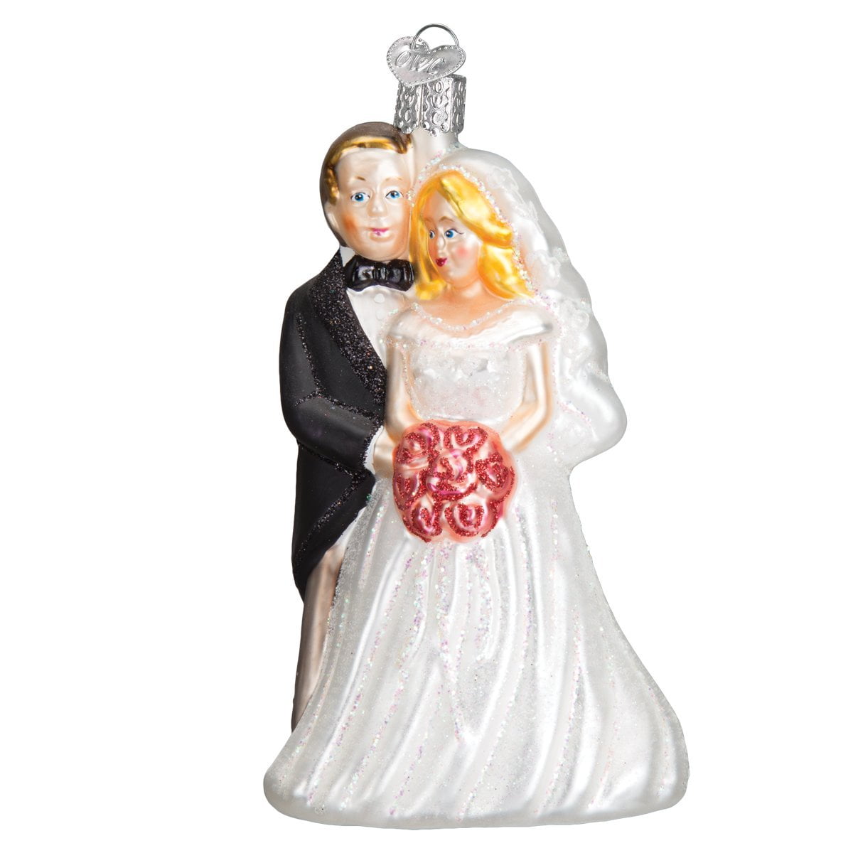 Handcrafted Glass Bridal Couple Christmas Ornament with Glitter Accents