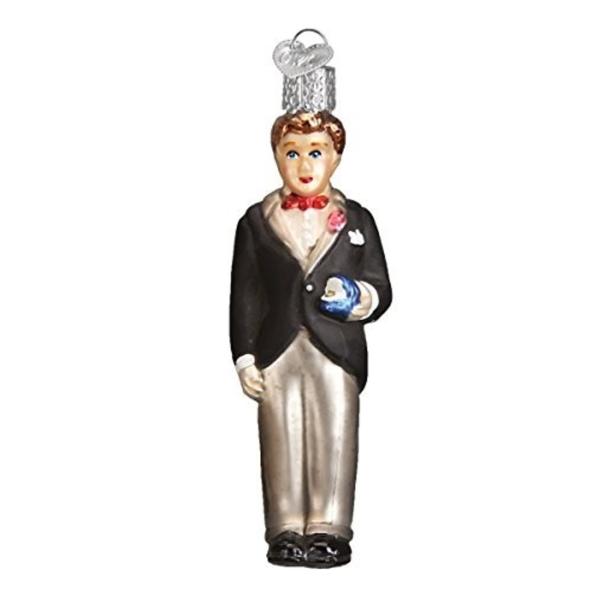 Hand-Painted Glass Groom Ornament with Red Bow Tie