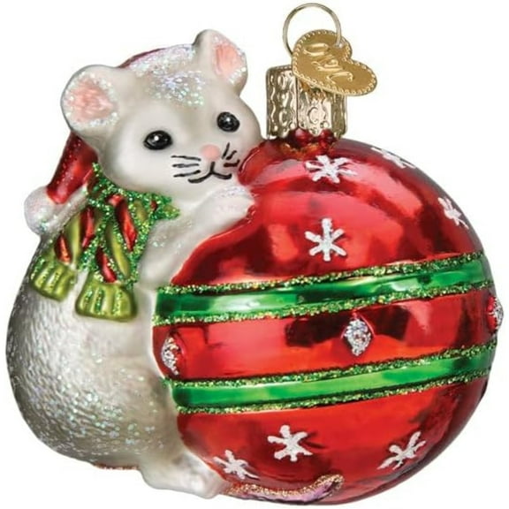 Old World Christmas 3.00In Playful Christmas Mouse, Glass, Ball Ornament Santa Hat 12698