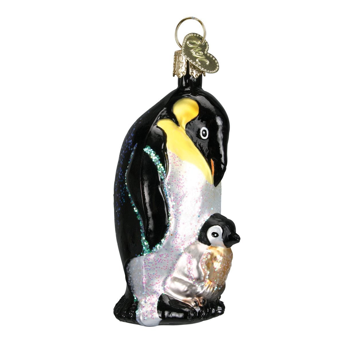 Hand-Painted Glass Emperor Penguin with Chick Tree Topper