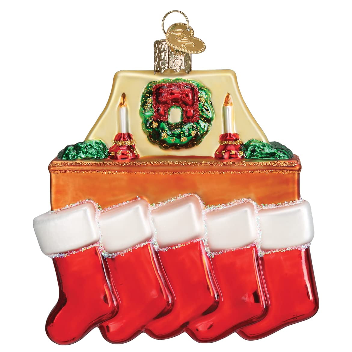 Hand-Painted Glass Christmas Ornament with Five Red Stockings