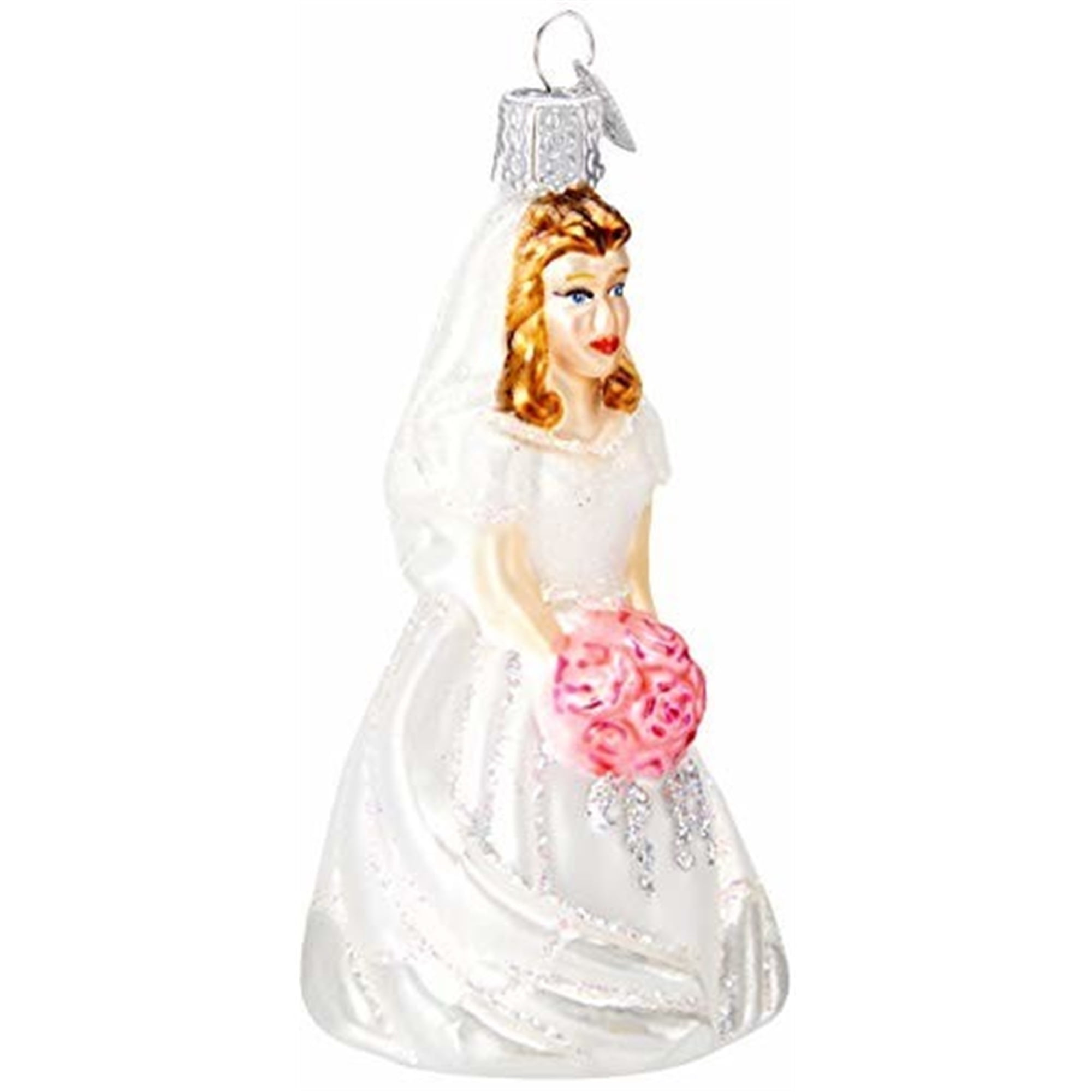Hand-Painted Glass Brunette Bride Ornament with Bouquet