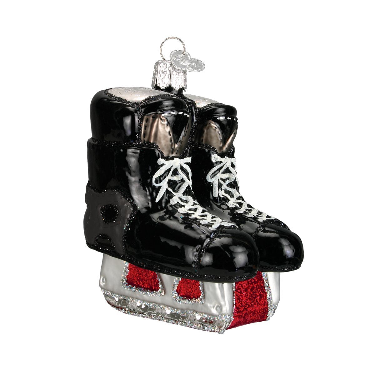 Handcrafted Black and Red Glass Hockey Skates Ornament