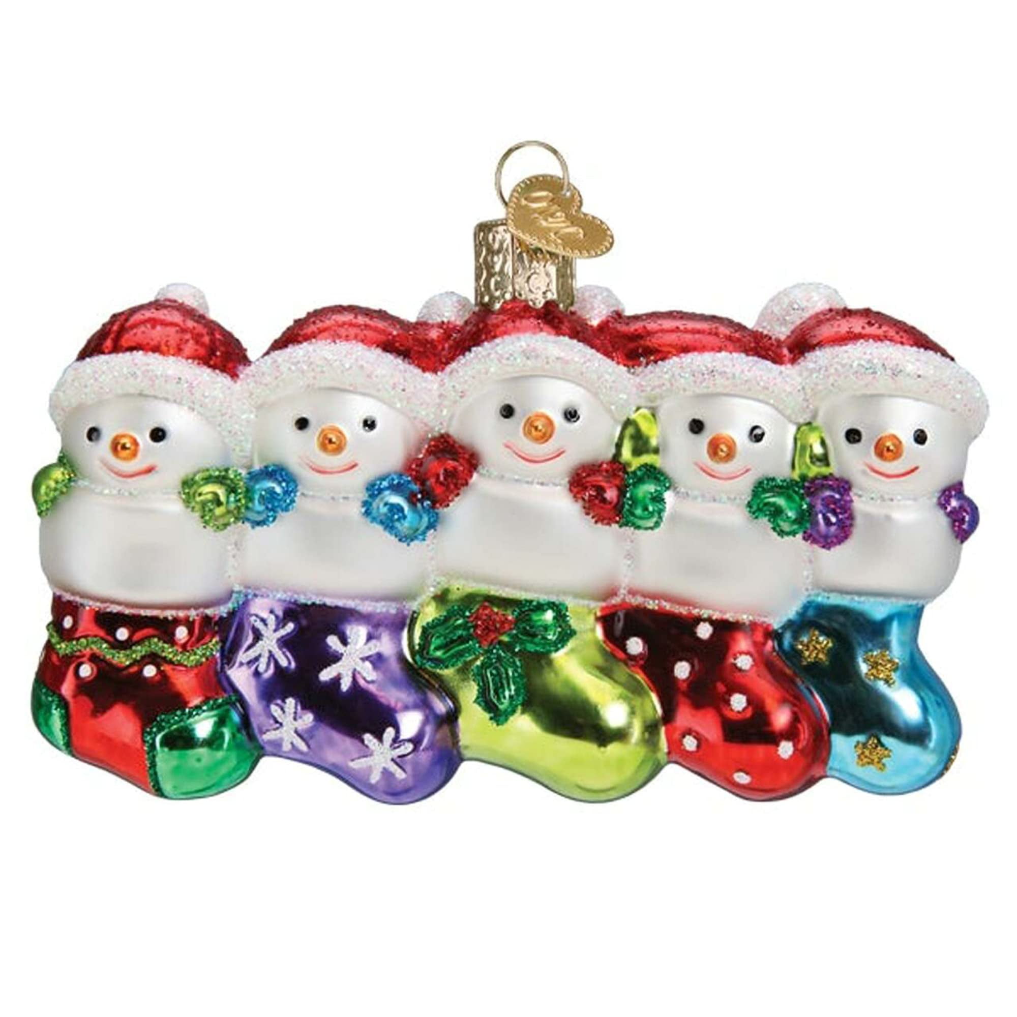 Hand-Painted Glass Snow Family of 5 Christmas Ornament