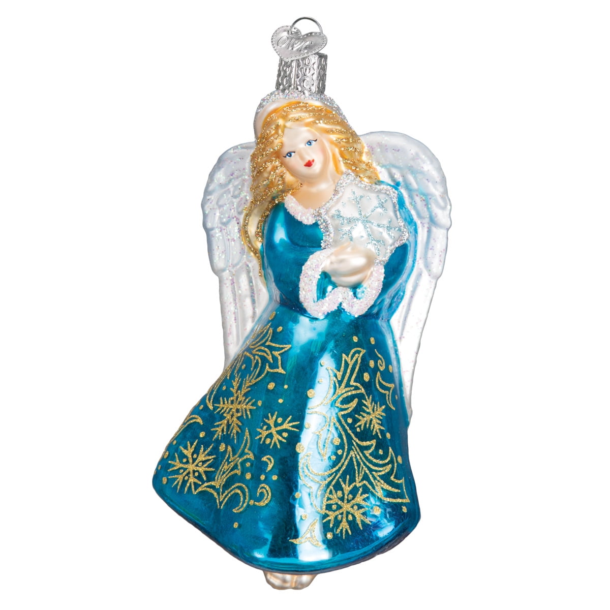 Hand-Painted Glass Angel Ornament with Blue Gown