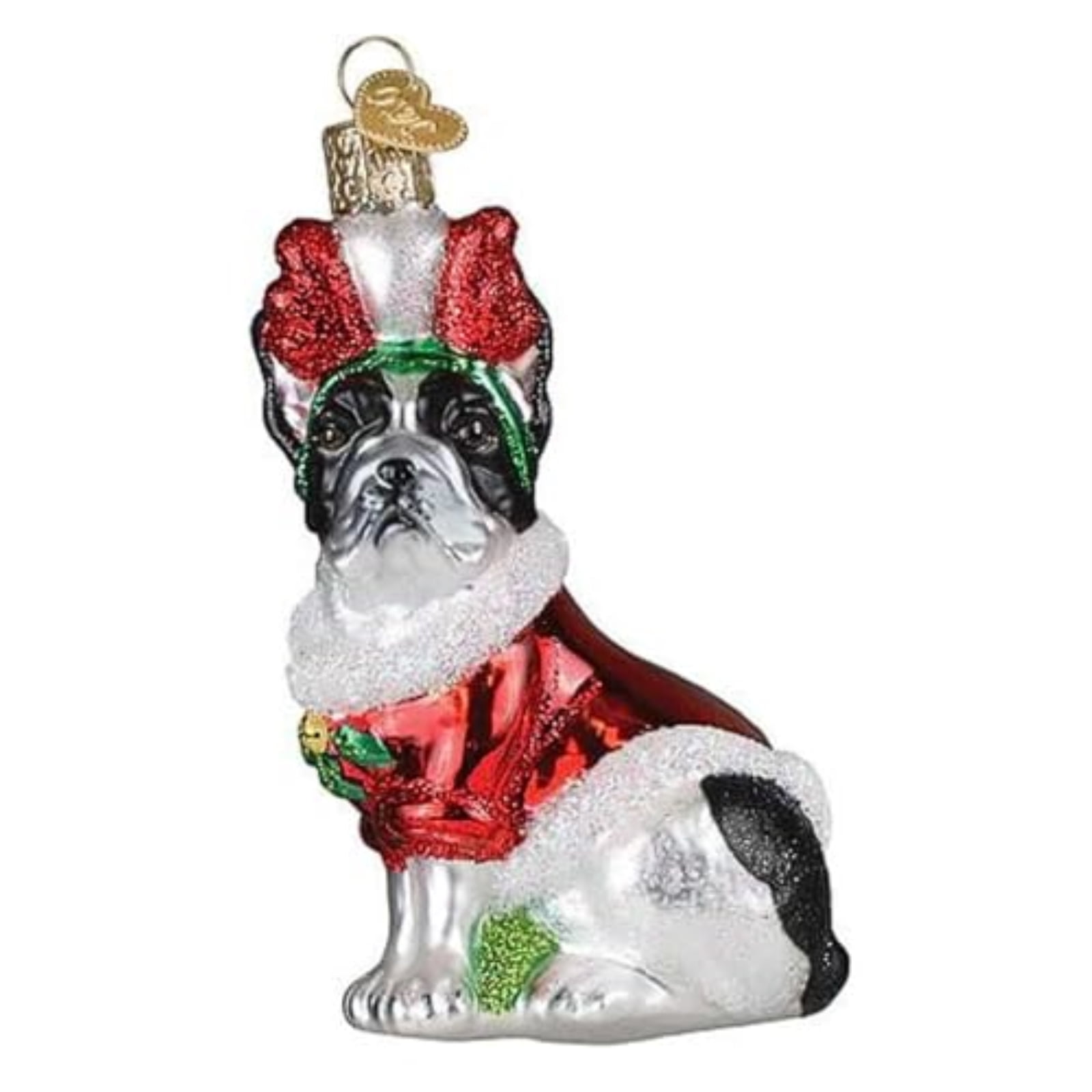 Festive French Bulldog Glass Christmas Ornament