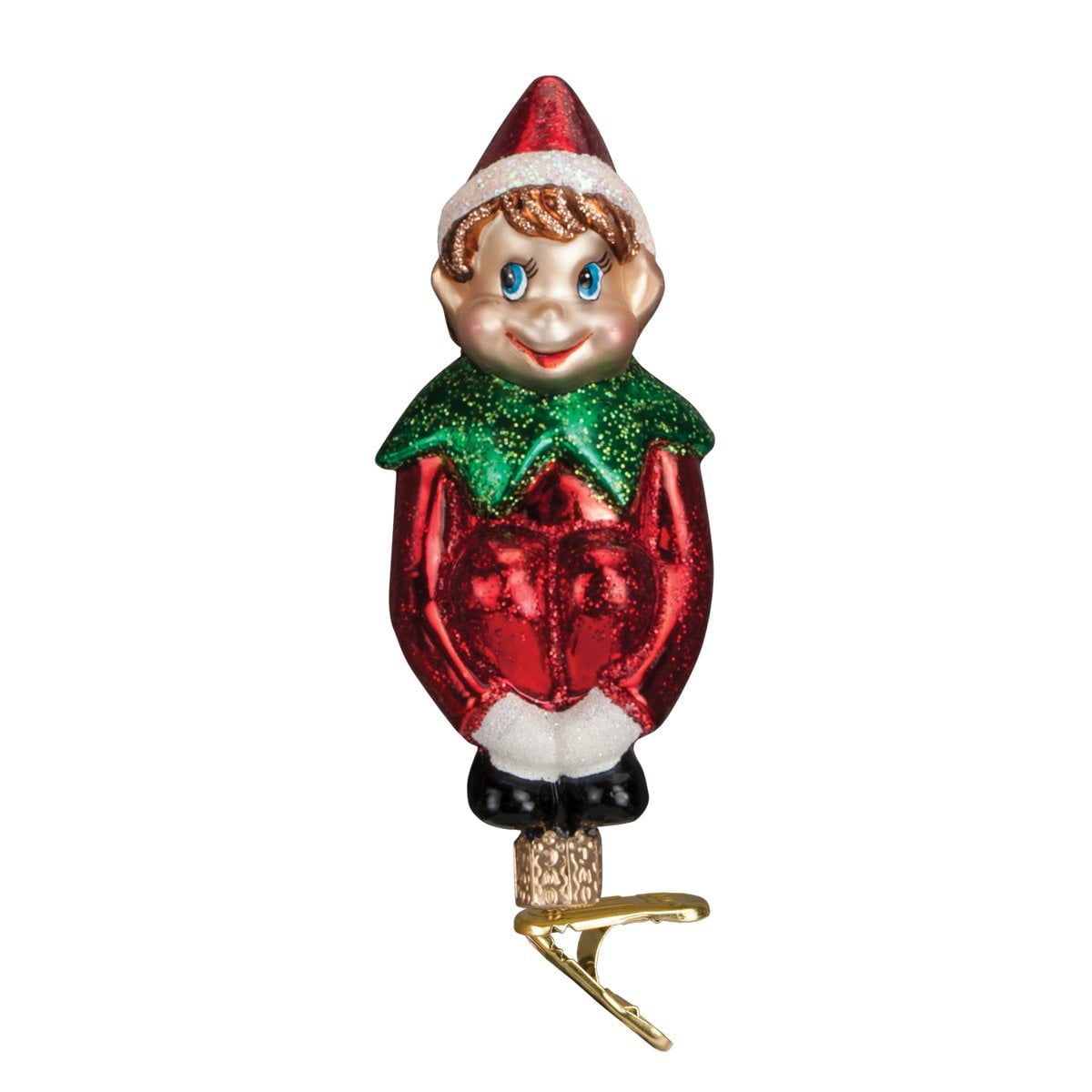 Festive Red and Green Glass Pixie Clip-On Ornament