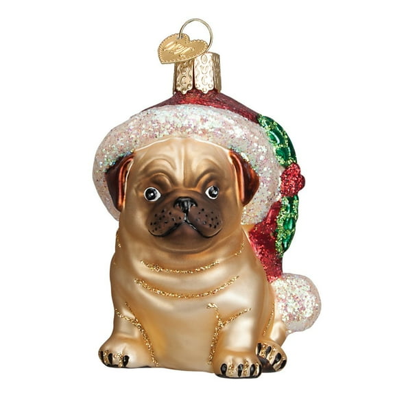 Old World Christmas Ornaments: Holly Hat Pug Glass Blown Ornaments for Christmas Tree (12430)