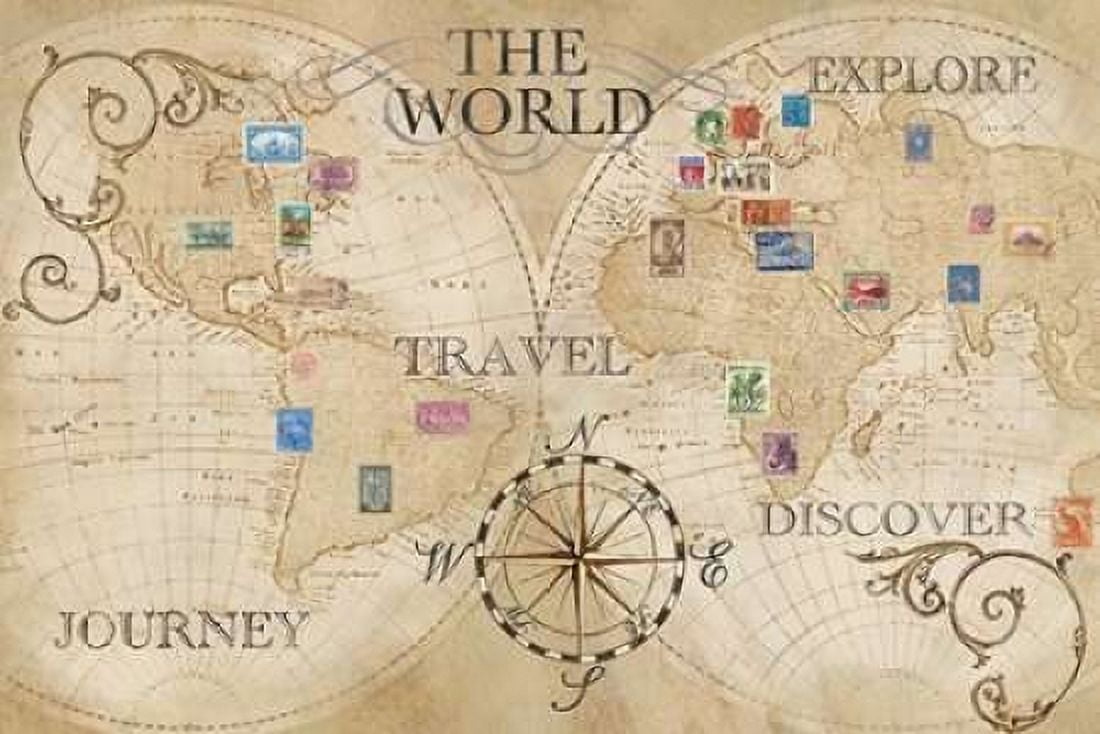 Old World Journey Map Stamps Canvas Art - Cynthia Coulter (12 x 18)