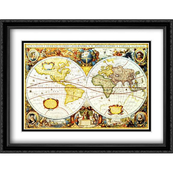Old World Map 2x Matted 40x28 Large Black Ornate Framed Art Print
