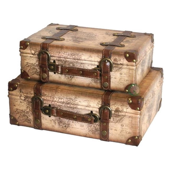 Old World Map Leather Vintage Style Suitcase with Straps Set of 2