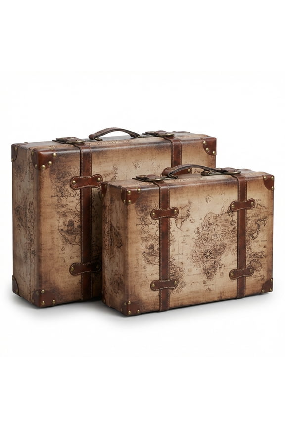 Old World Map Leather Vintage Style Suitcase with Straps, Set of 2