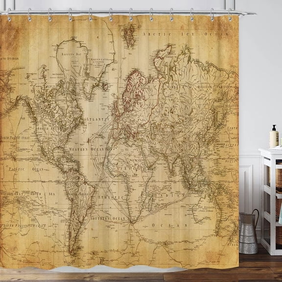 Old World Map Shower Curtain, Vintage World Map Geographical Distribution Shower Curtain Set with 12 PCS Hooks, Brown Historical Atlas World Map Fabric Shower Curtain for Bathroom 72"X72" (Vintage)