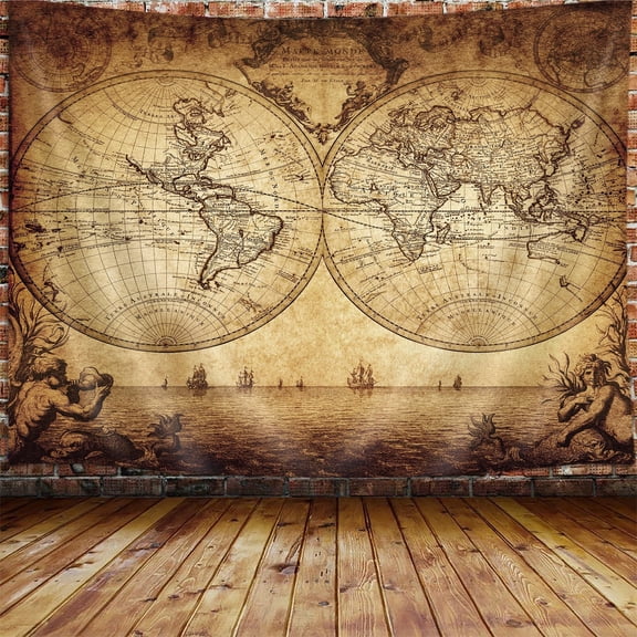 Old World Map Tapestry, Vintage Wanderlust Pirate Map Tapestry Wall Hanging for Men Bedroom, Historical Atlas Tapestries Poster Beach Blanket College Dorm Home Decor 60X40 inches
