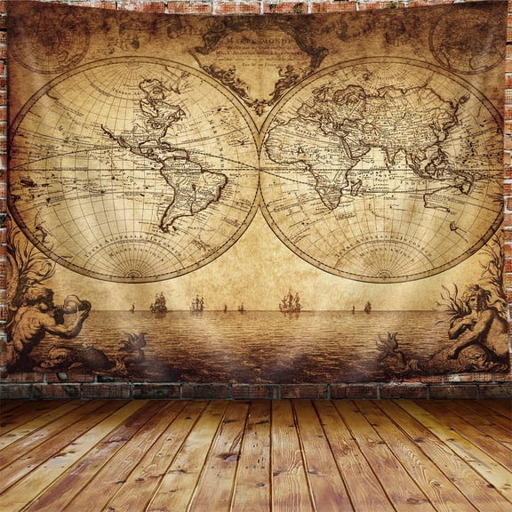 Old World Map Tapestry, Vintage Wanderlust Pirate Map Tapestry Wall Hanging for Men Bedroom, Historical Atlas Tapestries Poster Beach Blanket College Dorm Home Decor 60X40 inches