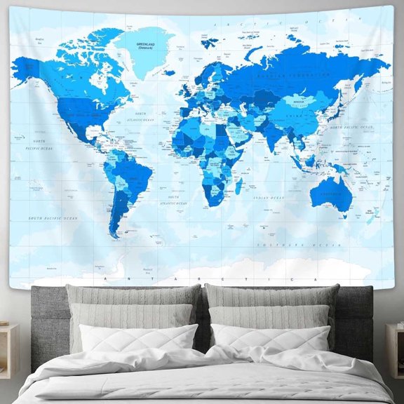 Old World Map Wall Tapestry Vintage Educational World Map Wall Art 60x40 Inch Blue for Living Room Office Decor