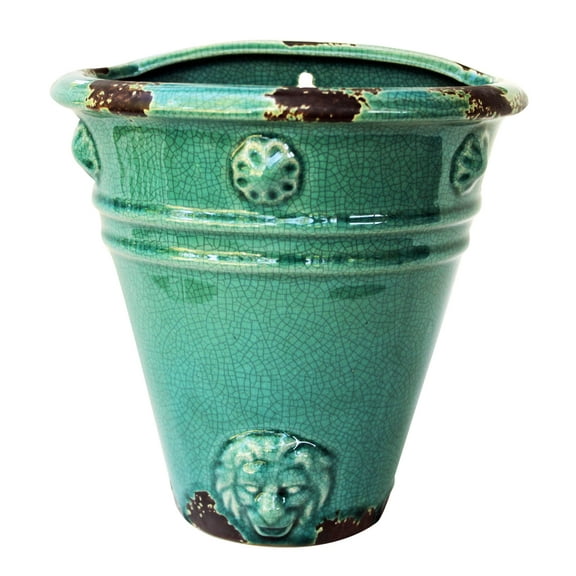 Old World Roman Style Wall Hanging Planter in Cracked Ice Ceramic Finish. Teal blue