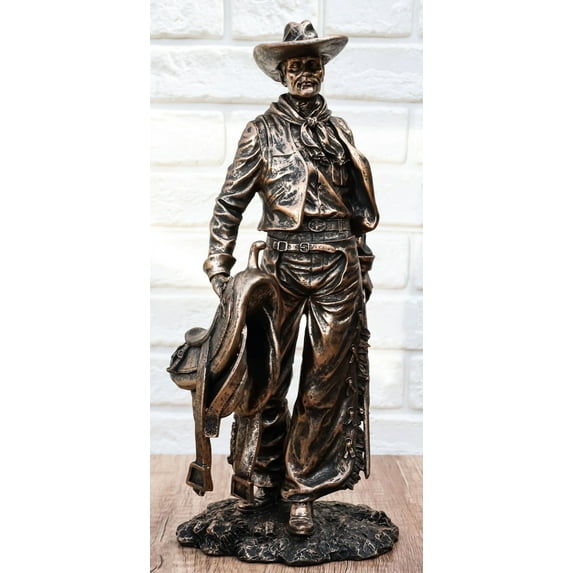 Old World Rustic Western Cowboy Holding Horse Saddle and Rifle Gun Statue 12"H