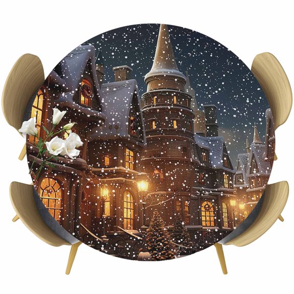 Old World Town, Fitted Tablecloth with Elastic Edged, Round Table Cloth for Dining Table, Christmas Historical Winter Street House Waterproof Oil Proof Table Cover for Indoor Outdoor 36"-44"