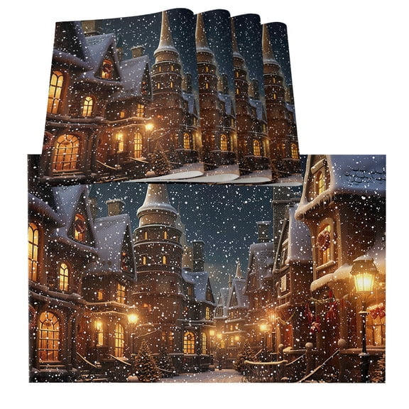 Old World Town, Placemats for Dinning Table Set of 4, Christmas Historical Winter Street House Burlap Kitchen Place Mats Waterproof Cloth Table Mats, Indoor Outdoor Placemats Easy Clean Dinner Decor