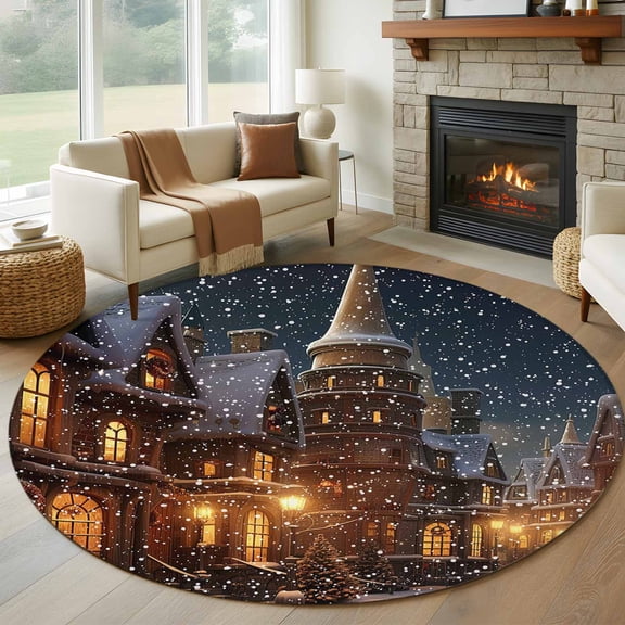 Old World Town, Round Area Rug 5 FT, Non Slip Bedroom Area Rug, Christmas Historical Winter Street House Washable Soft Circular Carpet Floor Mat for Kitchen Dining Room Foyer Balcony Dorm