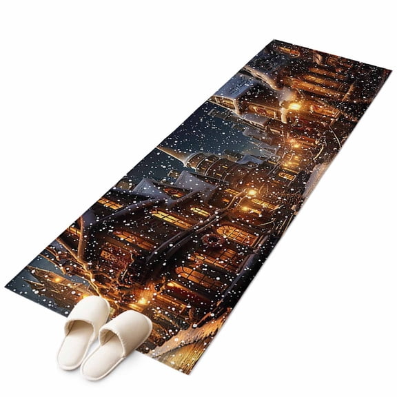 Old World Town, Runner Rug 2x6 FT, Non Slip Hallway Carpet, Christmas Historical Winter Street House Washable Soft Floor Carpet Throw Runner Carpet Long Rug for Entryway Kitchen Bedside Sliding Door