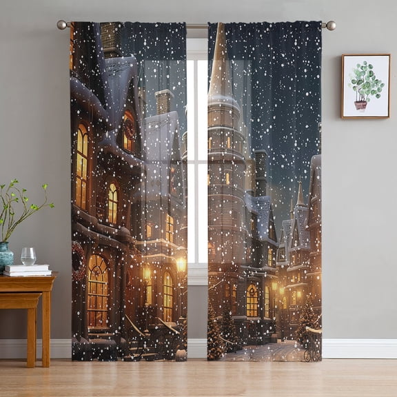 Old World Town, Semi Sheer Curtains 96 Inch Length 2 Panels Set, Christmas Historical Winter Street House Sheer Kitchen Curtain Privacy Voile Window Curtain for Living Room Bedroom Rod Pocket Drapes