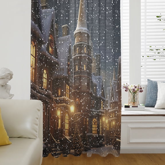 Old World Town,Semi Sheer Curtains Drapes for Living Room,Bedroom,French Doors Window 96 Inches Long,Christmas Historical Winter Street House Rod Pocket Chiffon Curtain Drapery Voile Draperies Panel