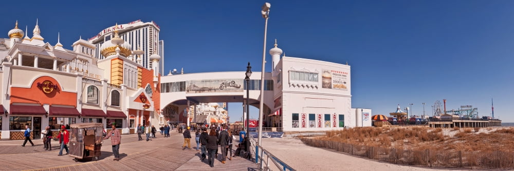 Old and the new Steel Pier with the Trump Taj Mahal along the boardwalk Atlantic City New Jersey USA Canvas Art - Panoramic Images (36 x 12)