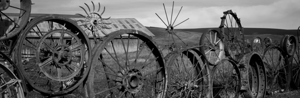 Old barn with a fence made of wheels Palouse Whitman County Washington State USA Canvas Art - Panoramic Images (12 x 36)